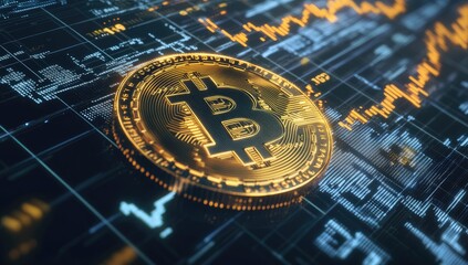 Golden Bitcoin on a digital grid background with trading charts