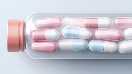 Transparent jar filled with colorful capsules on a light background. Modern pharmaceutical concept.