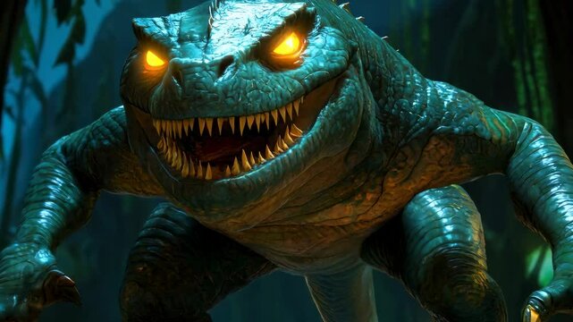 A 3D model of a lizard monster with glowing yellow eyes, sharp fangs, and detailed textures, standing on a round pedestal in a dark and atmospheric space. A video game concept art.