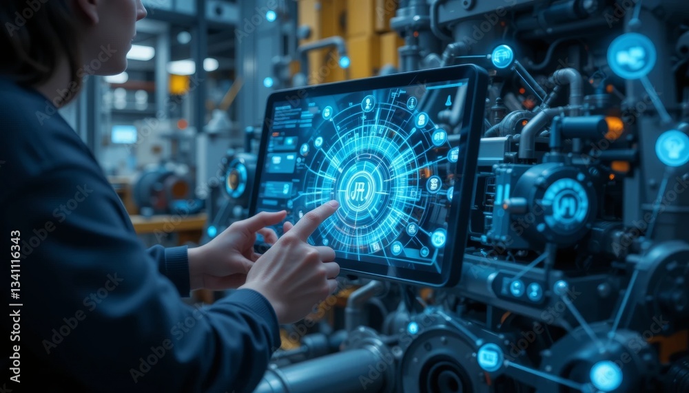 Poster industrial automation control system factory digital interface high-tech environment close-up view f