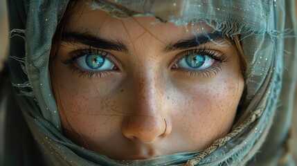 A woman with blue eyes and a nose ring is wearing a scarf