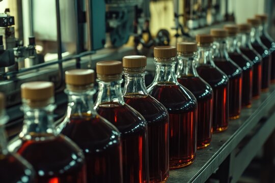 Bottles of amber liquid being filled on a conveyor belt in a distillery