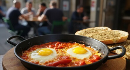 Eggs in Tomato Sauce with Bread Outdoor Cafe Setting