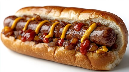 Classic hot dog a sausage mustard and ketchup served in a soft bun Popular American street food