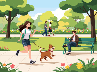  People walk in public park Cartoon woman running with pet man sitting on bench and reading book Couple walking