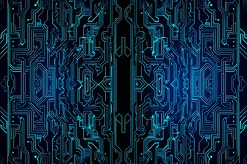Abstract close-up of a glowing blue digital circuit board, showcasing intricate connections and technological design on a black background.
