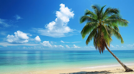 Tropical beach scene with a lone palm tree leaning over turquoise water under a bright blue sky with fluffy clouds, representing serenity and vacation getaways
