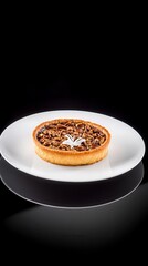 Bourbon Pecan Pie with rich bourbon and pecan filling, served in a chic white plate, nutty and indulgent Hyper-quality professionnal photography, ultra detailed