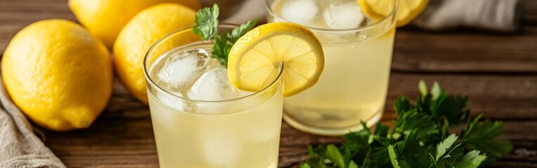 Freshly served lemon drinks in two glasses surrounded by fresh lemons and herbs for a healthy drink concept