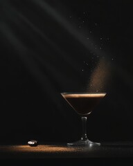 Elegant espresso martini cocktail in a glass with coffee beans and cocoa powder on dark background