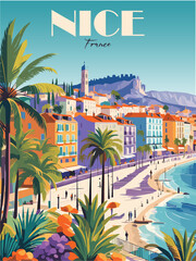 Nice, France travel destination poster in retro style. European summer vacation. Colorful vector art illustration