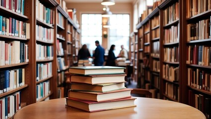 Fototapeta premium Stack of Books in a Classic Library Setting