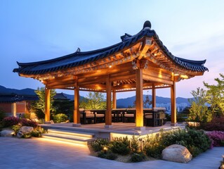 Fototapeta premium The beautiful illuminated wood Korean structure with traditional design