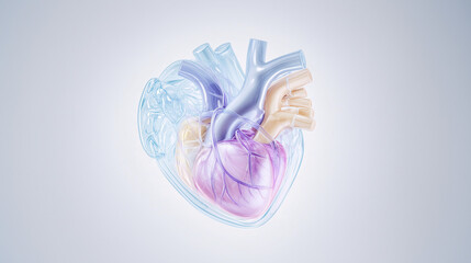 Volumetric 3D anatomical model of the human heart on a light background. Concept of medicine, cardiology, and anatomy.
