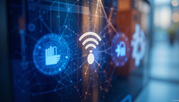 Innovative wireless communication event showcasing technology advances in urban environment with interactive graphics and digital connectivity insights
