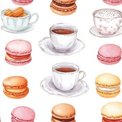 Watercolor Macarons & Teacups Seamless Pattern