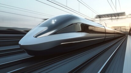 Fototapeta premium Eco-friendly Tech Futuristic high-speed train in motion.