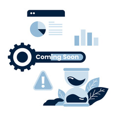 Business Update Icon Gear, charts, and Coming Soon tag, representing progress and future announcements. Ideal for website updates, business development