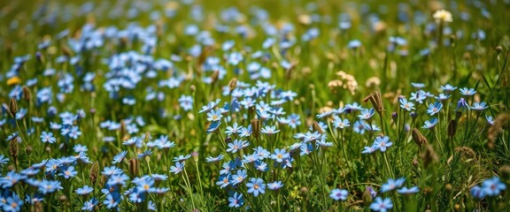 Fototapeta premium Tiny blue wildflowers carpet a sun-drenched meadow, image, alpine