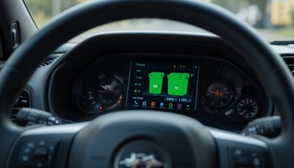 Vehicle dashboard displaying fuel efficiency metrics car interior digital screen urban environment driver's perspective automotive technology insights