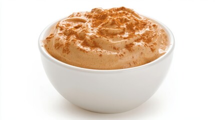 Spiced pumpkin mousse with pumpkin, cinnamon, and whipped cream, presented in a white bowl, autumnal and creamy Hyper-quality professionnal photography, ultra detailed, high resolution