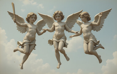 Three statues cupids different poses are mid-air their vintage romantic illustration