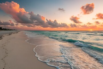 Serene Sunset Beach Scene with Gentle Waves and Vibrant Sky