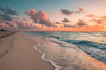 Serene Sunset Beach Scene with Gentle Waves and Vibrant Sky