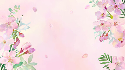 手描き水彩の春の桜の背景バナーテンプレート　ベクターイラスト　16:9　コピースペース　テクスチャ　花びら