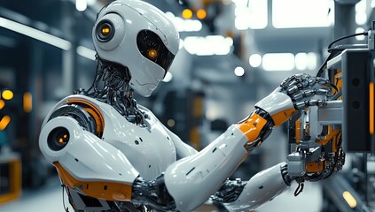 Fototapeta premium Advanced robotic arm in factory setting. Precise assembly work