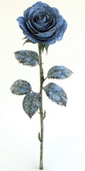 Beautiful blue rose flower with a single stem and green leaves on a white background, ideal for romantic themes and nature design projects