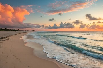 Serene Sunset Beach Scene with Gentle Waves and Vibrant Sky