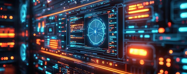 Obraz premium Cybersecurity technology in computing and database concept. Futuristic digital interface with glowing elements and data visualizations.