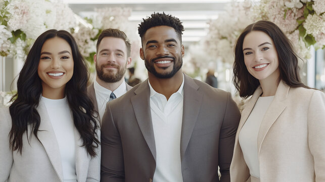 A group of young professionals from diverse backgrounds confidently posing against a bright backdrop. Concept of diversity, business success, and teamwork.