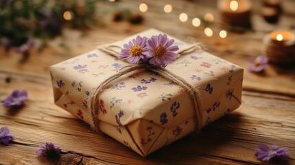 Beautifully wrapped gift with flowers and soft lighting creating a cozy and inviting atmosphere for special occasions.
