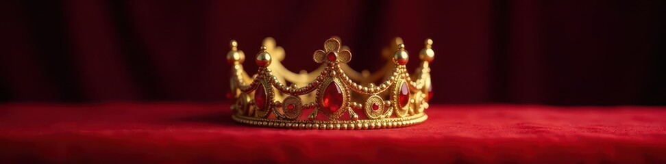 A regal golden crown, jeweled and resting on a rich velvet cushion ,  symbol,  gold