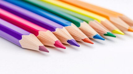 Fototapeta premium Close-up of vibrant colored pencils neatly aligned on a white background. Ideal for themes of creativity, art, and education.