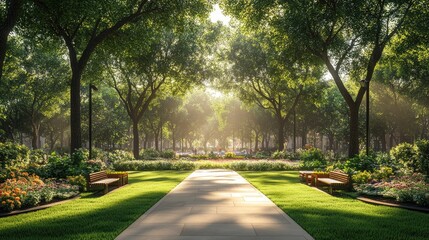 Obraz premium A serene park scene showcasing vibrant flower beds, neat pathways, and benches, illuminated by warm sunlight filtering through lush green trees