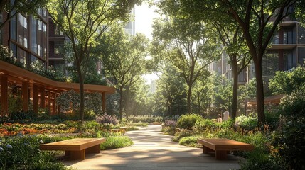 Obraz premium A serene urban garden pathway lined with lush greenery and wooden benches in a peaceful residential complex.