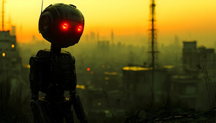 A small robot with glowing red eyes stands silhouetted against a hazy, post-apocalyptic cityscape at sunset