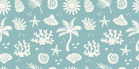 Vector seamless pattern with palm tree, sun, seashell, coral and starfish in groovy naive style. Hand drawn marine summer print. Collage abstract elements. Tropical vacation, beach and ocean concept. © Anna Bova