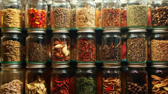frame entirely filled with spices in glass jars, tightly packed, colorful and aromatic, culinary vibe, seamless exotic background