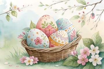 Easter basket with flowers and eggs.