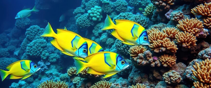 School of yellow and blueback fusiliers swimming in vibrant coral reef, vibrant, fauna