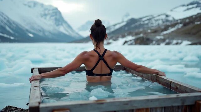 Strong woman in a sports bra relaxing in an outdoor ice bath surrounded by frozen mountains. Concept of cold therapy, endurance, and mental resilience.