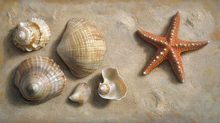 Seashells and starfish on sandy background, showcasing a beach theme evoking summer, relaxation, and ocean vibes, ideal for travel or vacation concepts