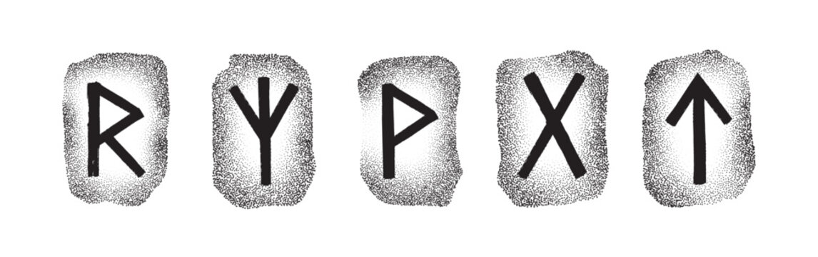 Elder Futhark rune stone set. Ancient Norse symbols for divination and magic. Vector illustration. Raidho, Algiz, Wunjo, Gebo, Tiwaz by dotwork 