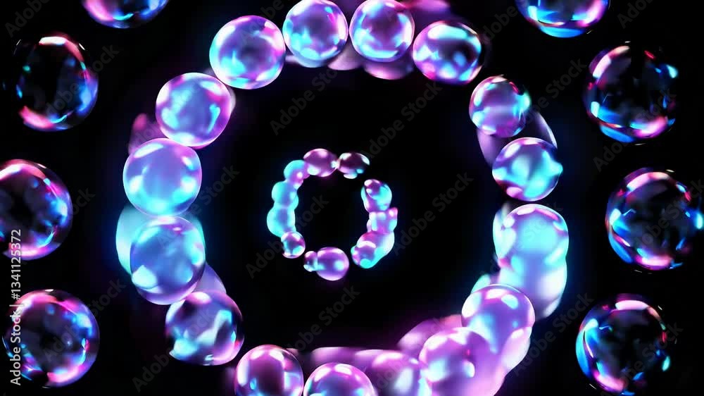 Wall mural glowing spheres rotating in concentric circles on black background. abstract motion graphics concept
