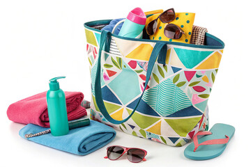 Obraz premium Beach Bag with Accessories isolated on white background, Generative AI