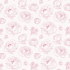 Peony line art seamless pattern, hand draw delicate blossom
